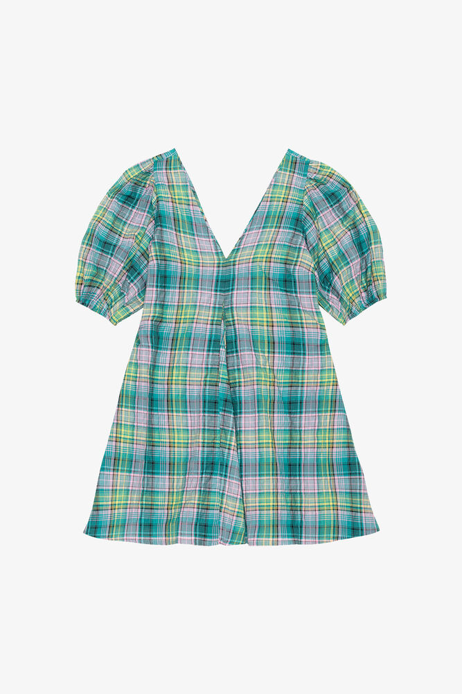 Seersucker Check V-Neck Mini Dress, Lagoon