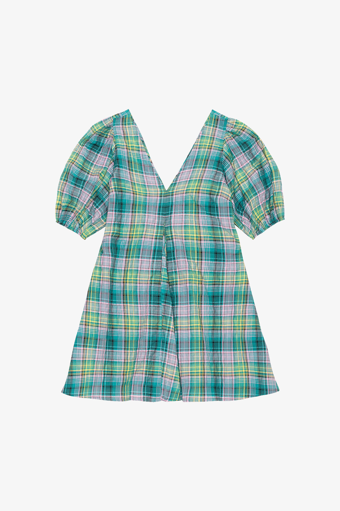 Seersucker Check V-Neck Mini Dress, Organic Cotton, in colour Lagoon - 1 - GANNI