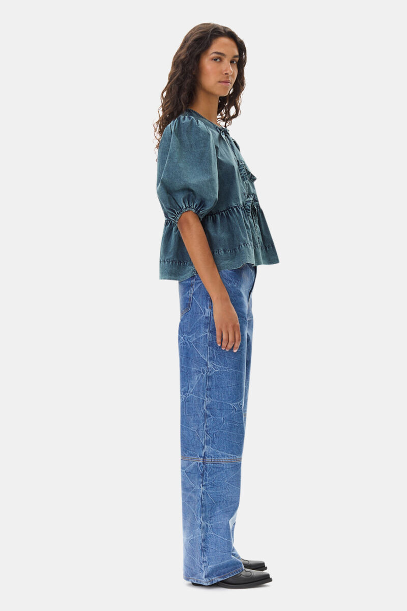 Blue Cotton Poplin Peplum Tie Blouse, Cotton, in colour Sky Captain - 3 - GANNI