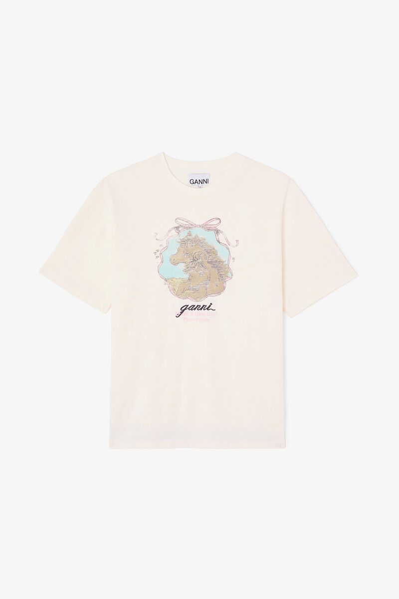 T-shirt with Horses, Organic Cotton, in colour Egret - 1 - GANNI