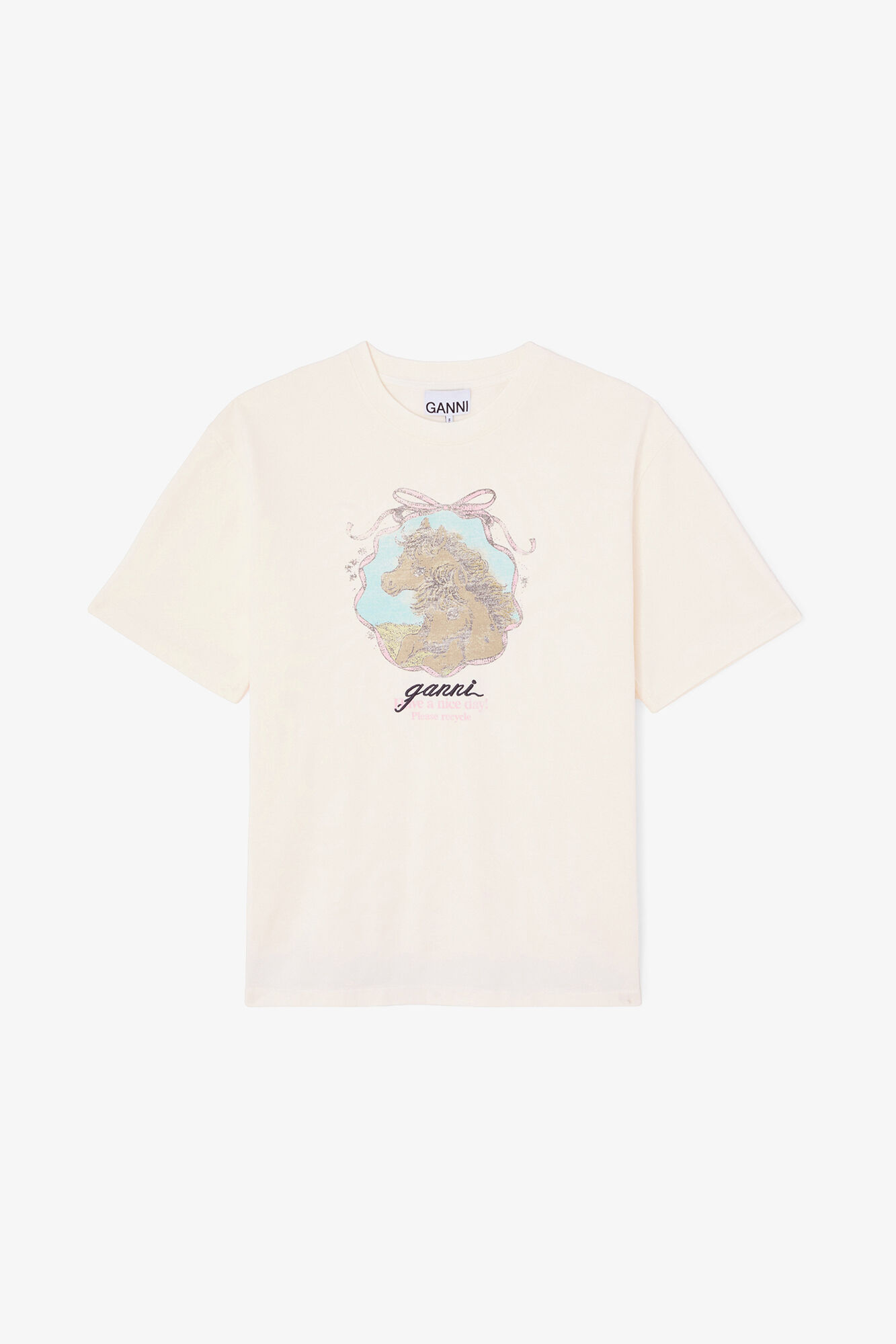 T-shirt with Horses, Organic Cotton, in colour Egret - 1 - GANNI