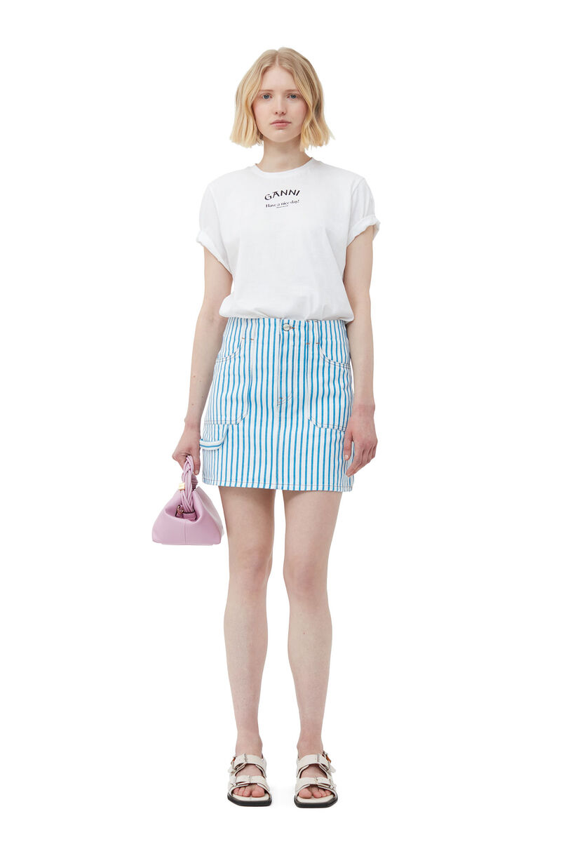 Striped Denim Mini Skirt, Cotton, in colour Bright White - 1 - GANNI