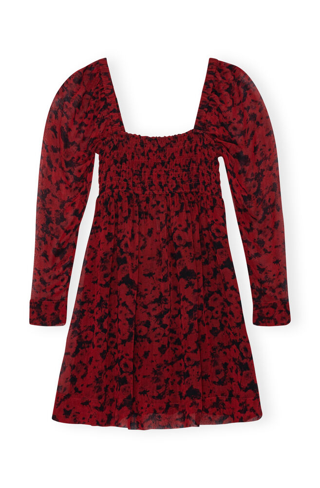 Red Printed Georgette Mini Dress, Syrah