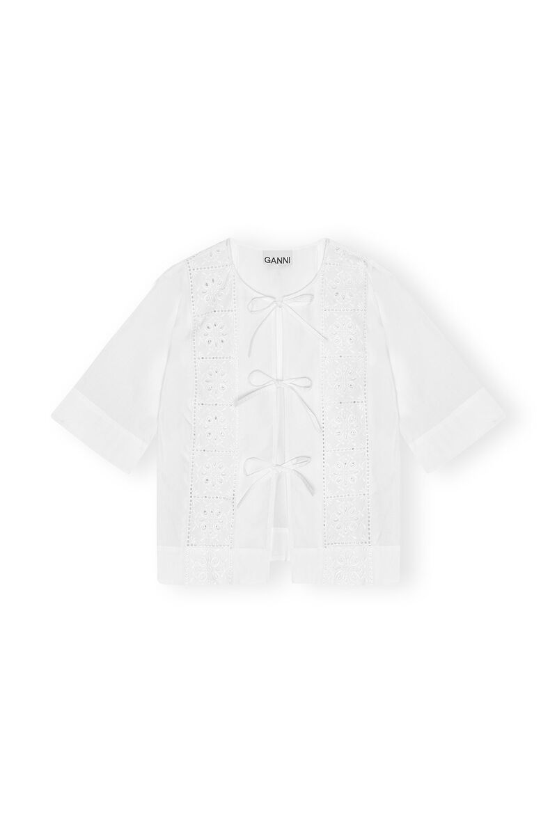 White Broderie Anglaise Tie Blouse, Cotton, in colour Bright White - 1 - GANNI
