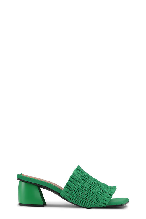 Ganni Smocked Kitten-heel Mules In Kelly Green