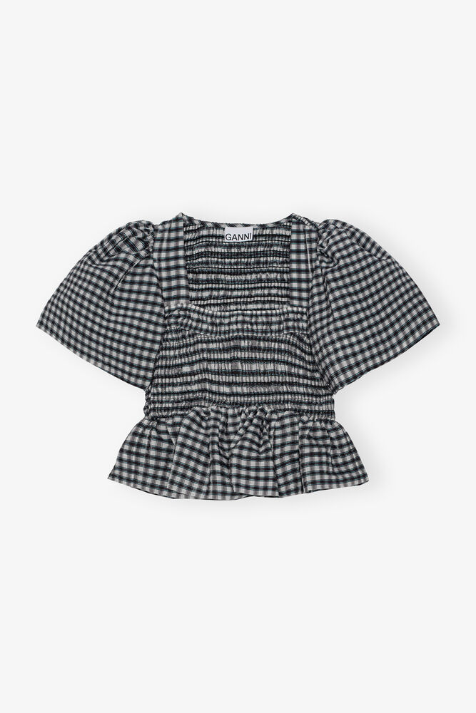 Seersucker Check Open-neck Smock Blouse, Egret