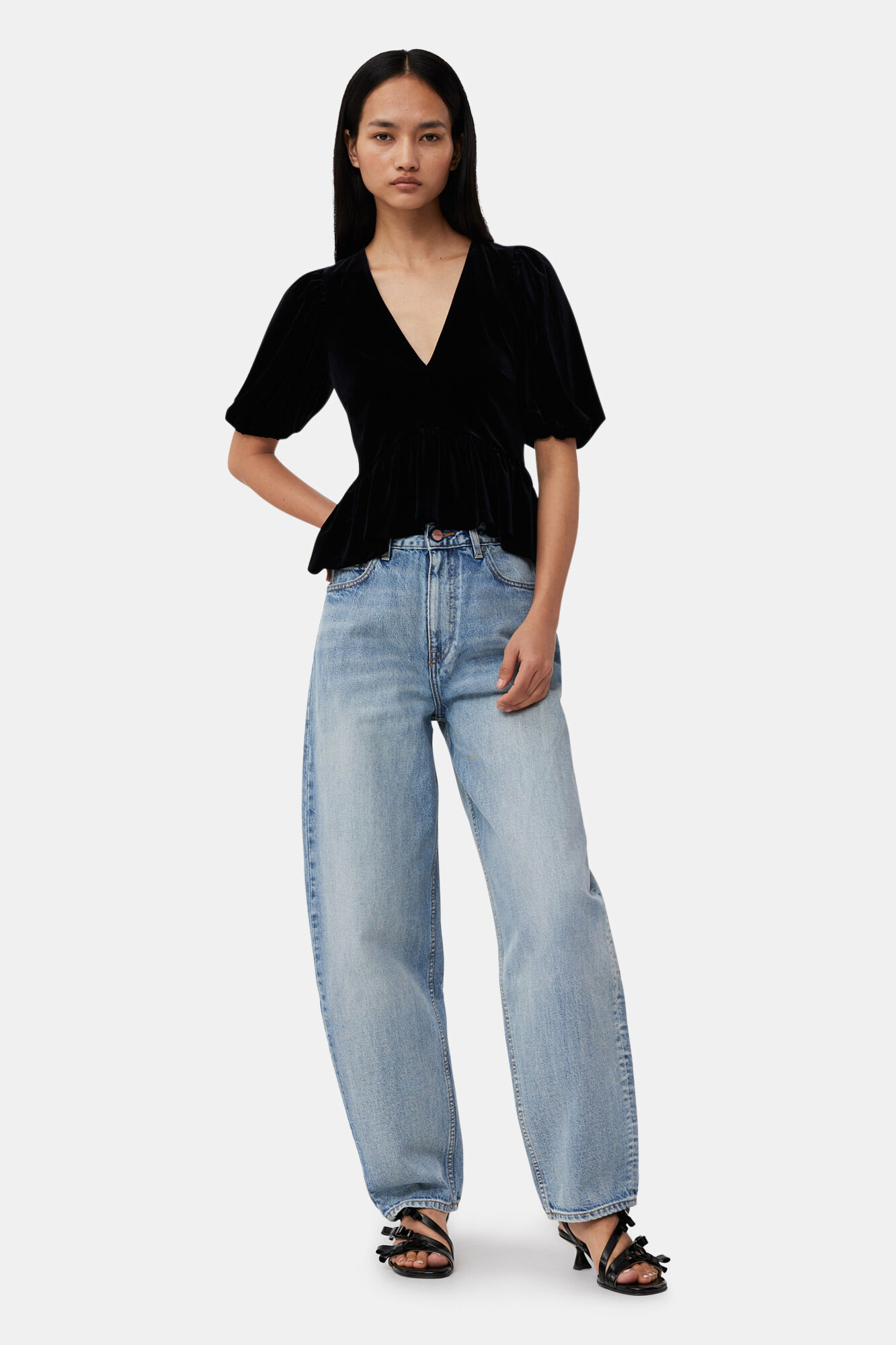 Black Velvet Jersey V-neck Blouse, Recycled Polyester, in colour Black - 2 - GANNI