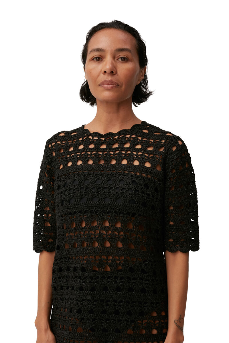 Crochet Open Back Mini Dress, Nylon, in colour Black - 3 - GANNI