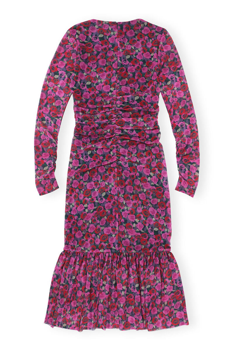 Floral Mesh Long Sleeve Midi-kjole, Recycled Nylon, in colour Fiji Flower - 2 - GANNI