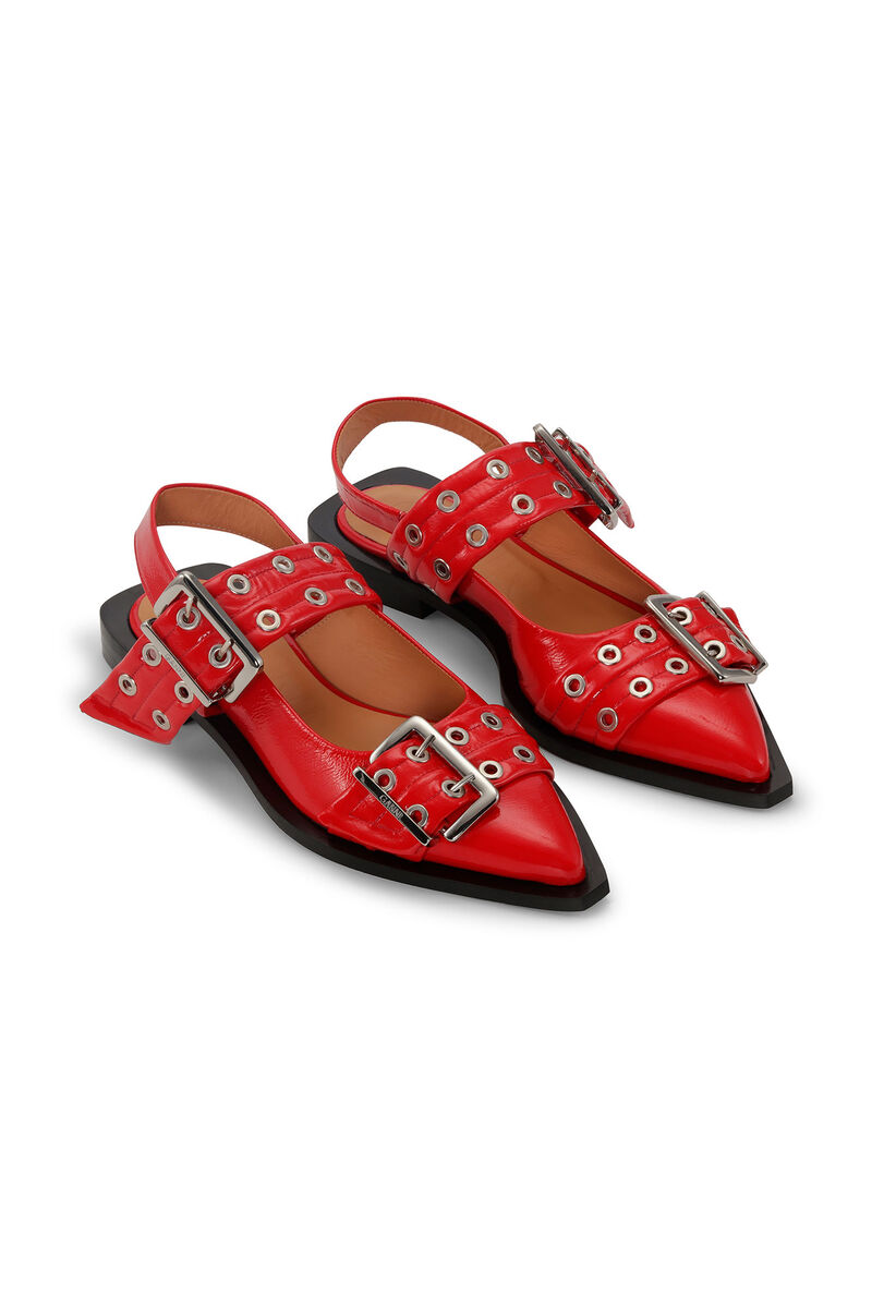 Red Wide Welt Buckle Ballerinas, Calf Leather, in colour Racing Red - 3 - GANNI