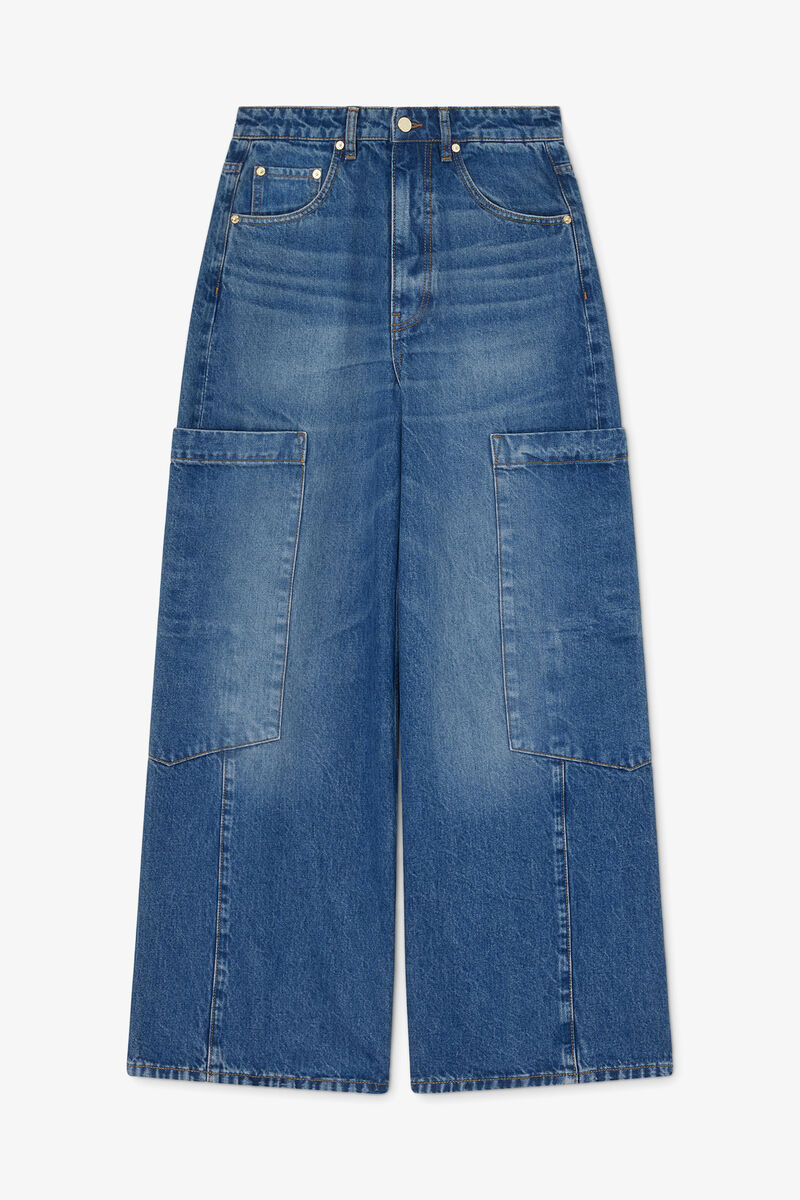 Vide baggy-jeans i stiv denim, Organic Cotton, in colour Mid Blue Stone - 1 - GANNI