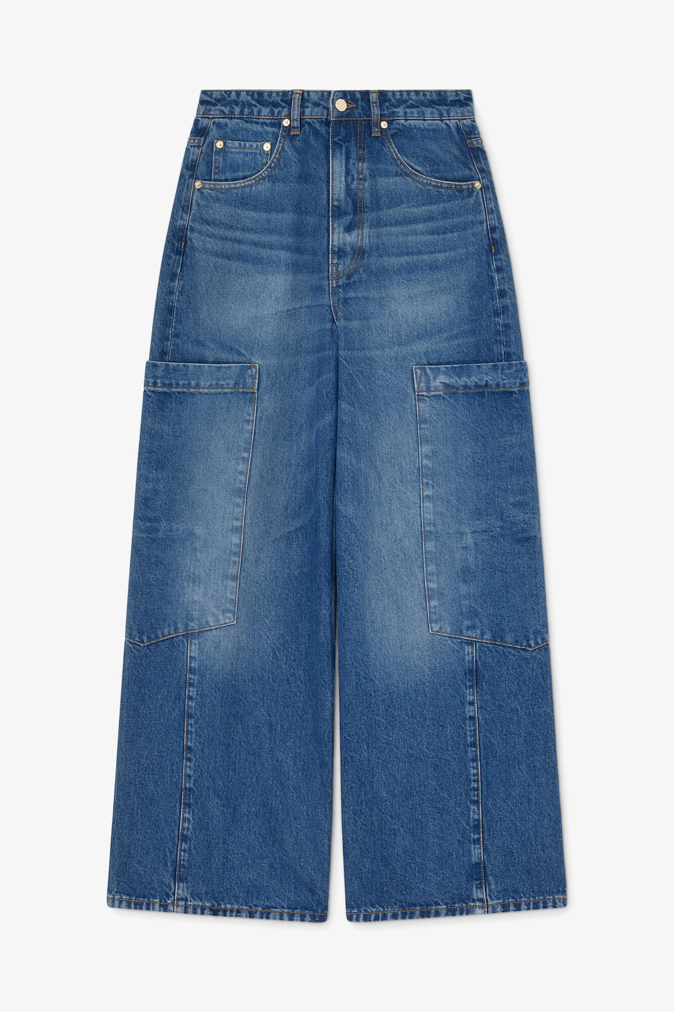 Vide baggy-jeans i stiv denim, Organic Cotton, in colour Mid Blue Stone - 1 - GANNI