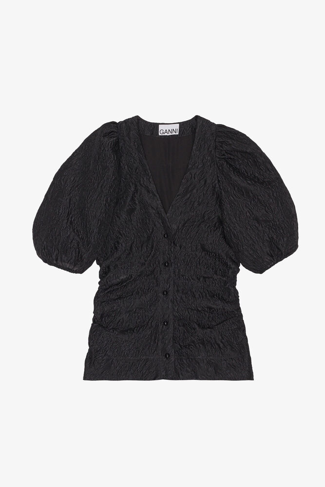 Jacquard V-neck Blouse, Black
