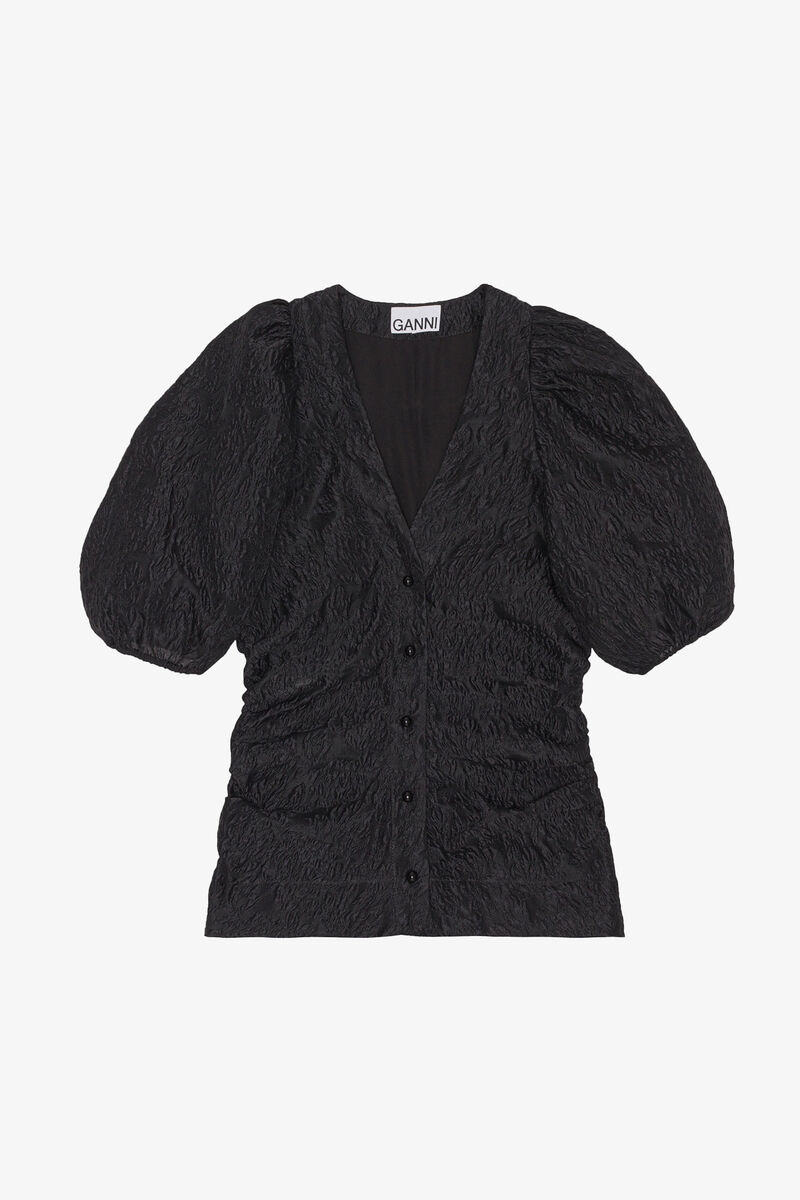 V-ringad blus i jacquard, Polyamide, in colour Black - 1 - GANNI