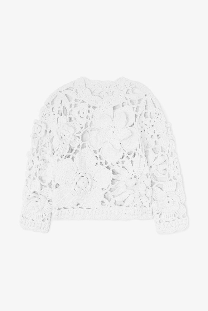 ホワイトのハンドニット クルーネック（ラウンドネックライン）, Bright White