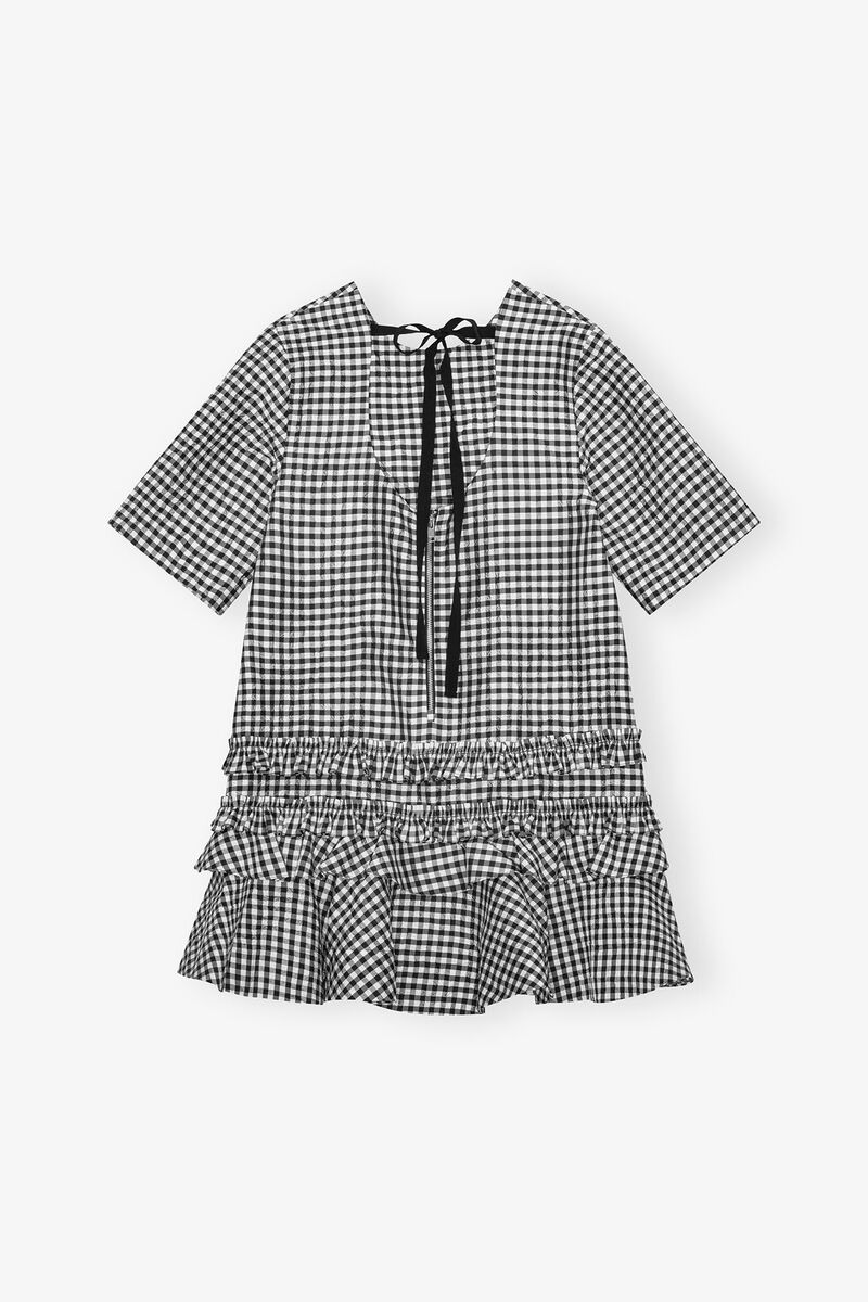 Crinkled Check Mini Dress, Recycled Polyester, in colour Black - 2 - GANNI
