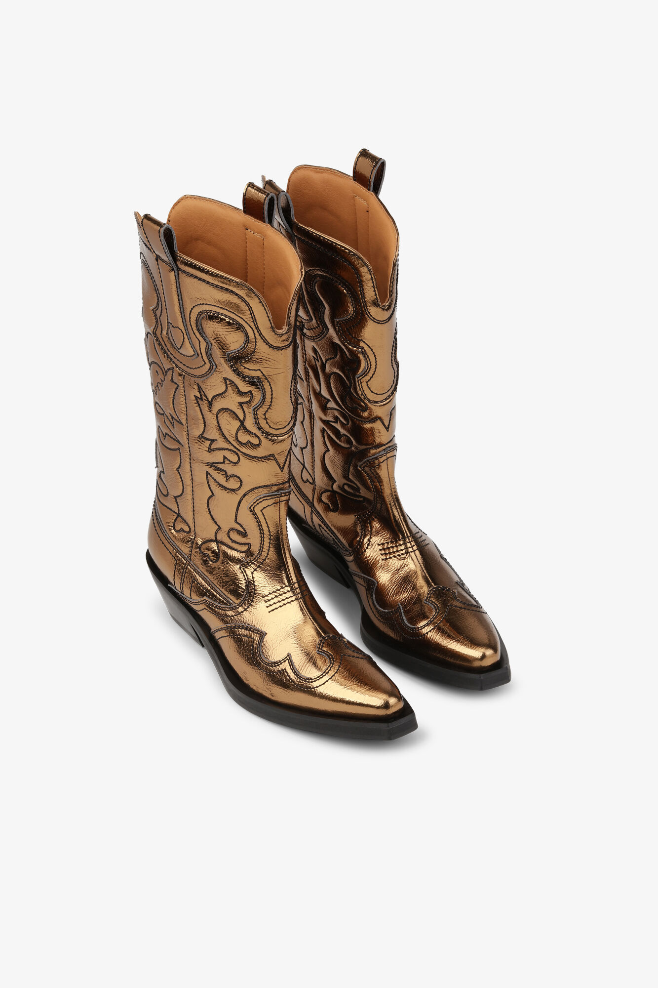 Gold Metallic Mid Shaft Embroidered Western Boots, Polyurethane, in colour Bronze - 2 - GANNI