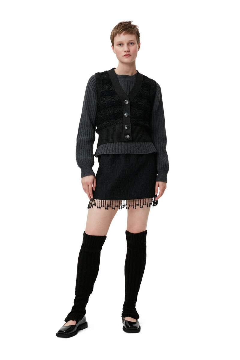 Veste sans manches à col en V en crochet, Nylon, in colour Black - 5 - GANNI