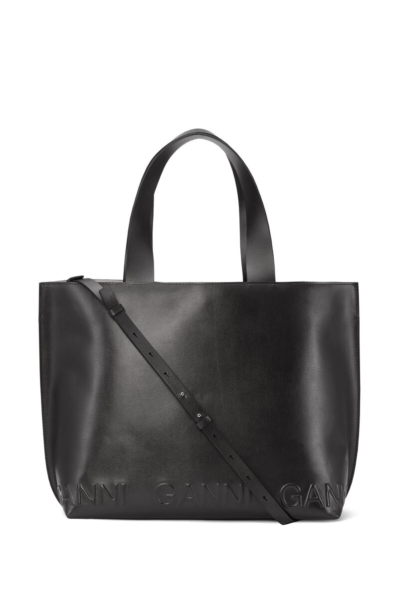 East West Tote Logo Bag, Leather, in colour Black - 1 - GANNI