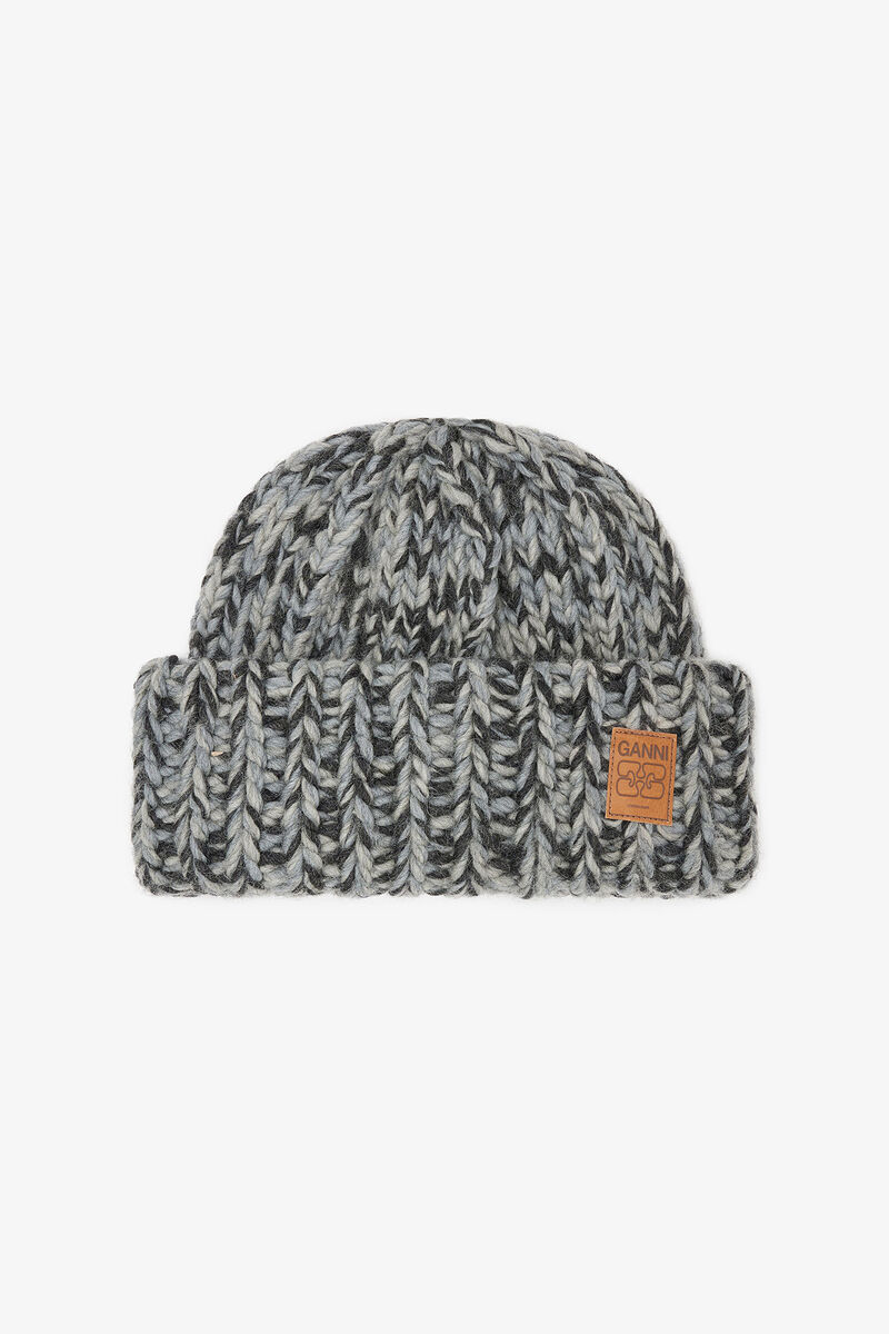 Grey Wool Handknit Beanie, Wool, in colour Phantom - 1 - GANNI