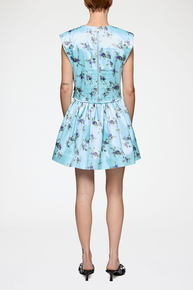 Dress in Printed Satin, Recycled Polyester, in colour Iced Aqua - 2 - GANNI