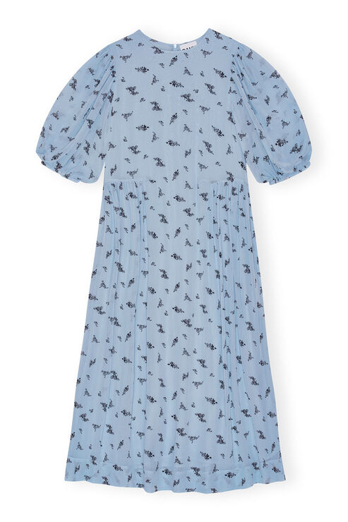 Ganni Short Sleeve Printed Georgette Puff Sleeve Midi Dress In Blue