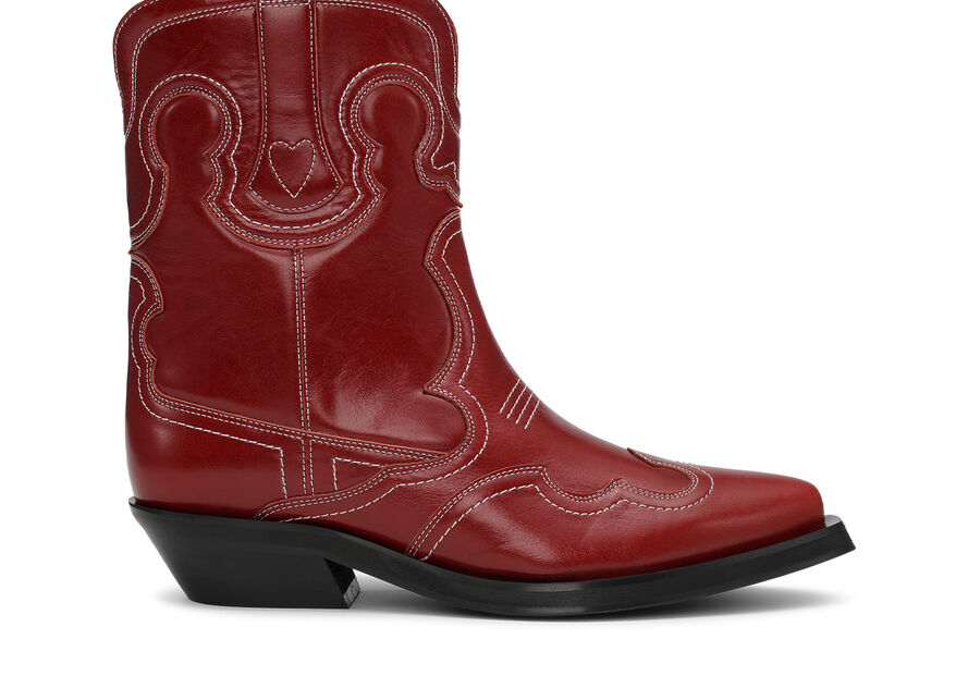 Ganni Red Low Shaft Embroidered Western Boots