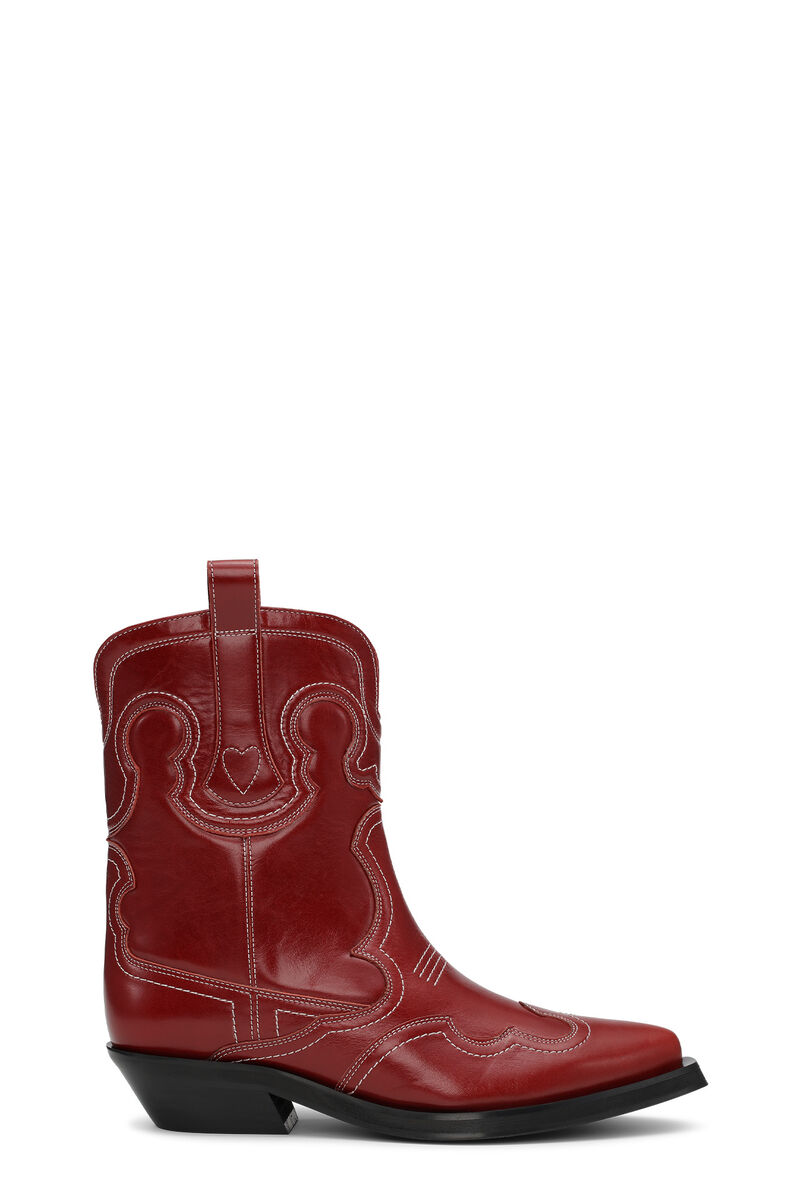 Rote bestickte niedrige Westernstiefel, Calf Leather, in colour Barbados Cherry - 1 - GANNI