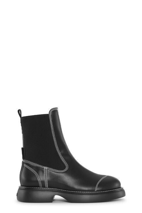 Ganni Topstitched Leather Chelsea Boots In Black