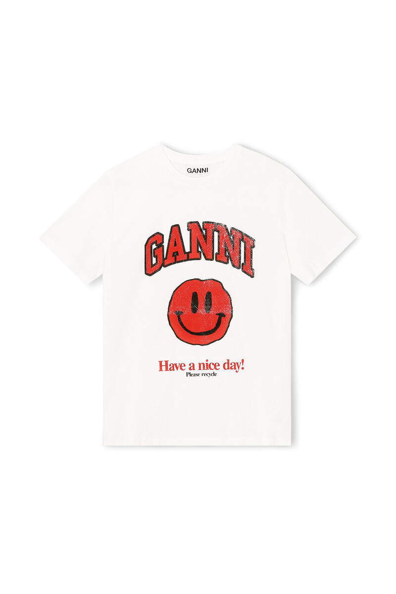 Bright White Basic Cotton Jersey Tshirt, Smiley GANNI NO