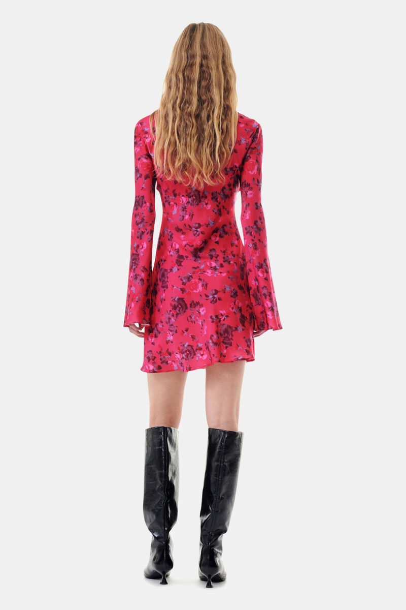 Pink Floral Printed Satin Mini Dress, in colour Raspberry Wine - 4 - GANNI