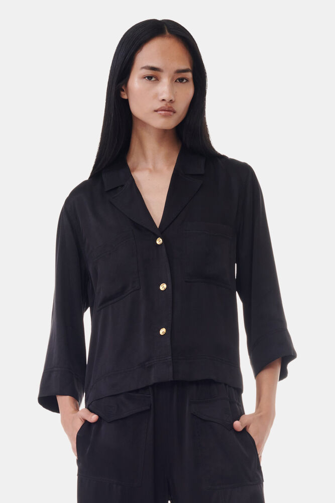 Black Washed Satin Crop Shirt, Black