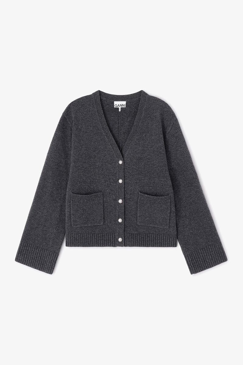 Classic Wool Cardigan, Wool, in colour Phantom - 1 - GANNI