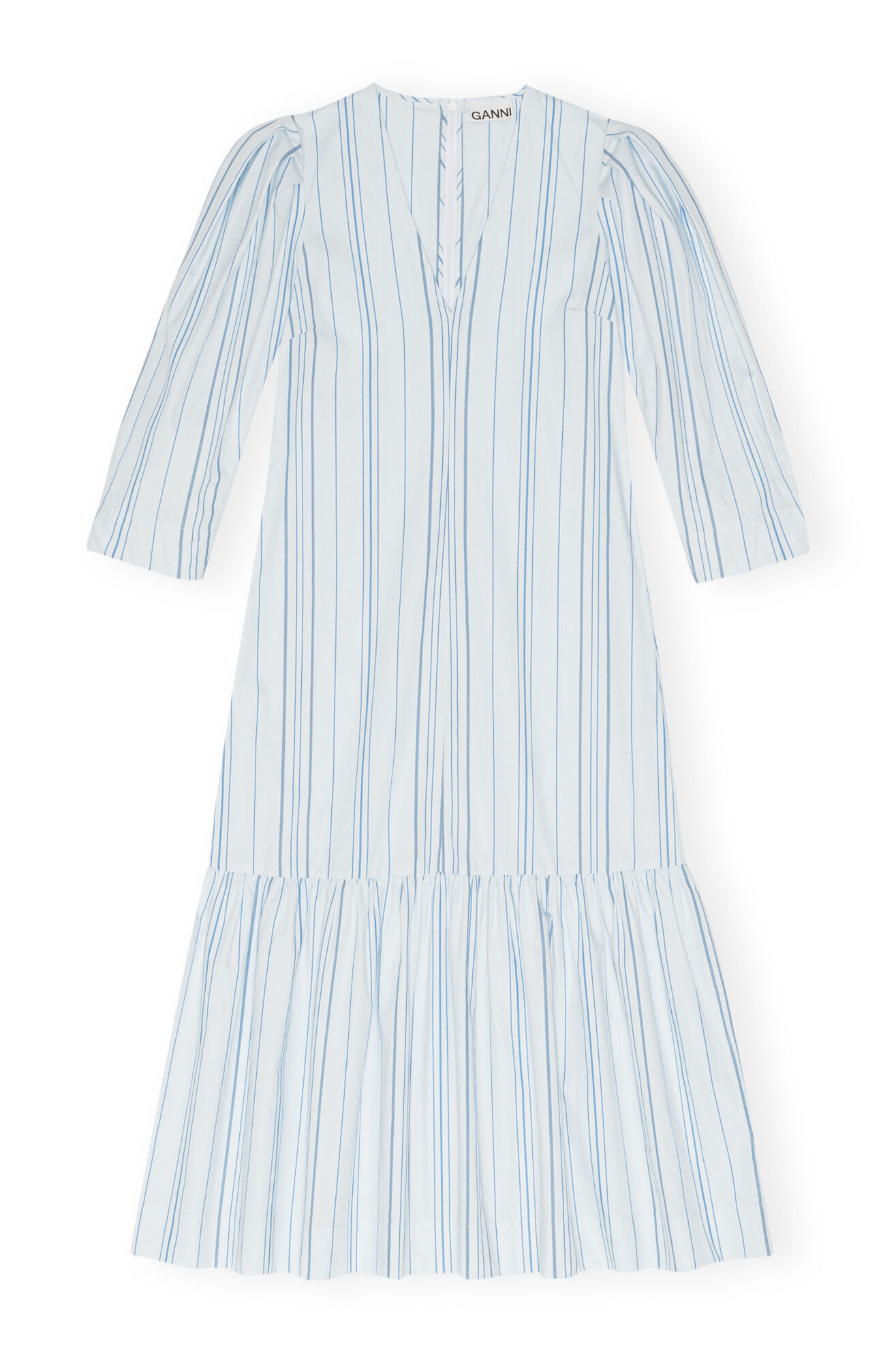 Gestreiftes Twill-Maxikleid mit V-Ausschnitt, Cotton, in colour Heather - 1 - GANNI