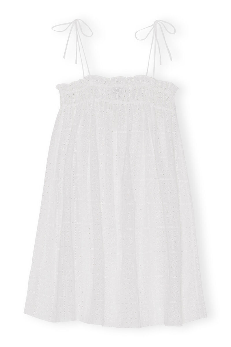 Vit bandklänning i broderie anglaise, Cotton, in colour Bright White - 2 - GANNI
