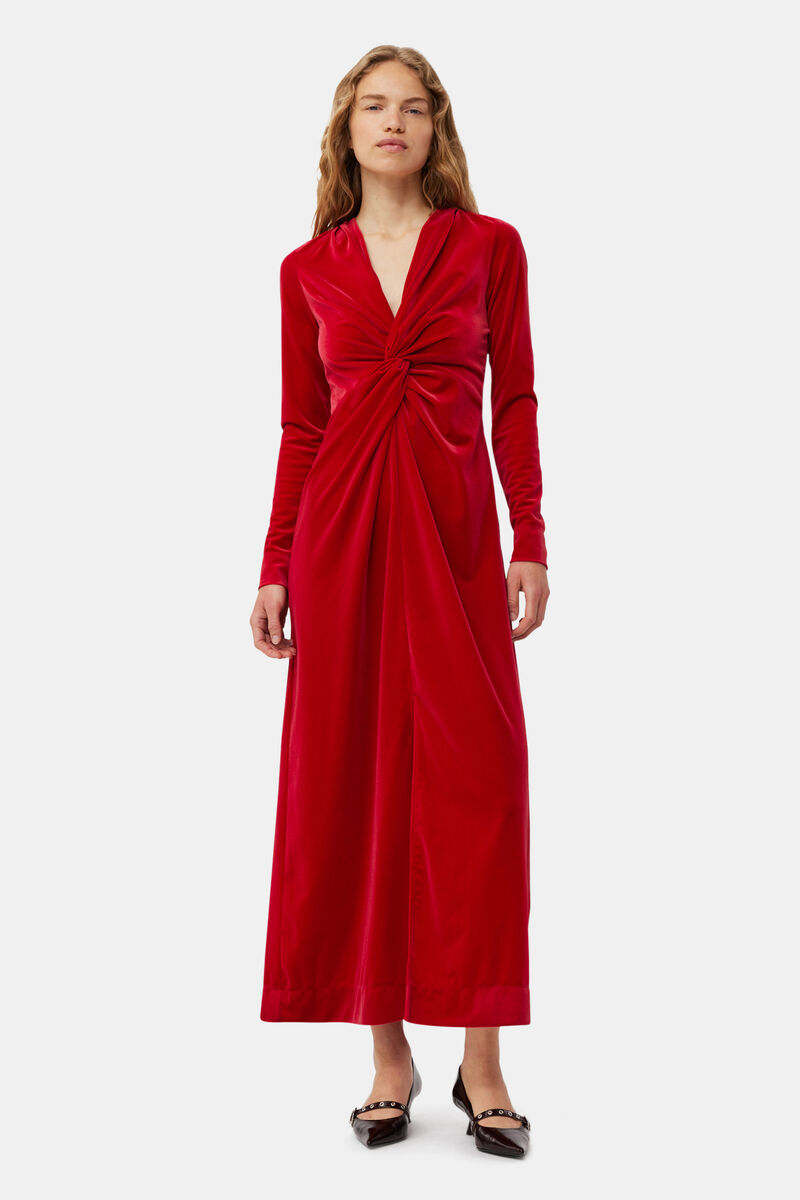 Red Velvet Jersey Twist Long Dress, Recycled Polyester, in colour Savvy Red - 1 - GANNI