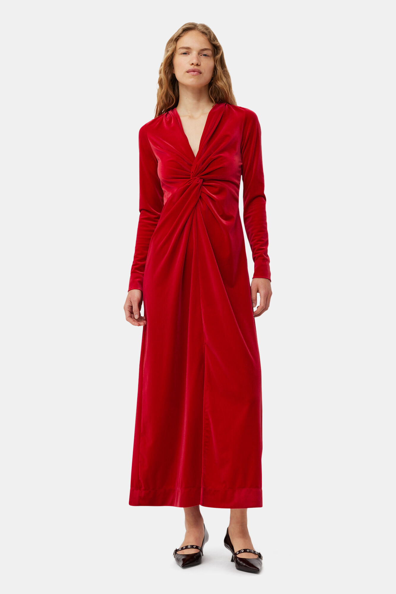 Red Velvet Jersey Twist Long Dress, Recycled Polyester, in colour Savvy Red - 1 - GANNI