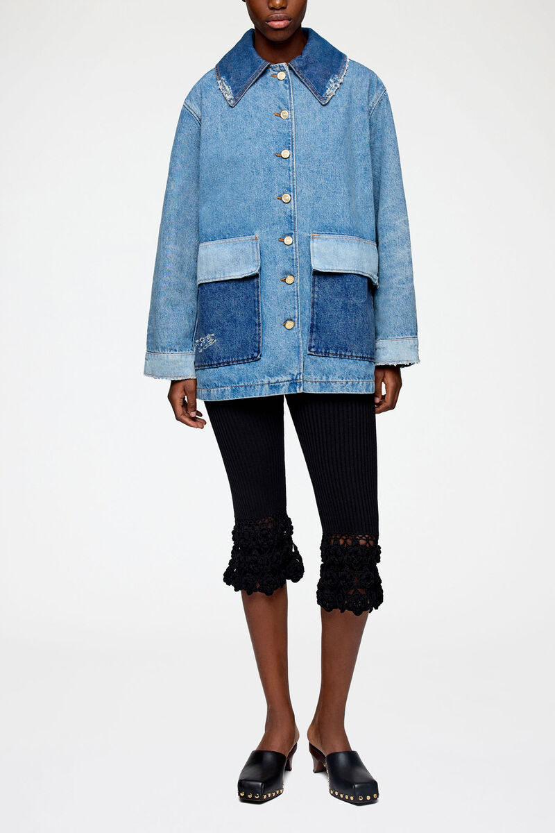 Jacket in Patchwork Denim, Organic Cotton, in colour Mid Blue Vintage - 1 - GANNI