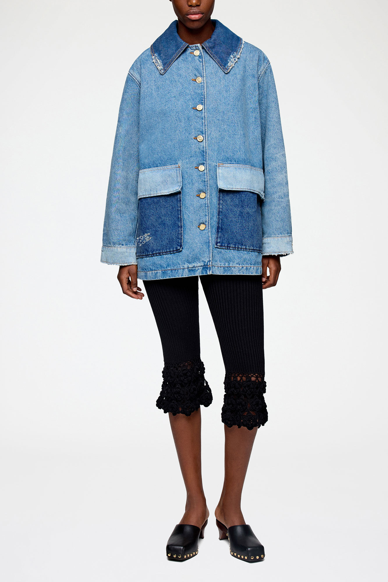 Jacket in Patchwork Denim, Organic Cotton, in colour Mid Blue Vintage - 1 - GANNI