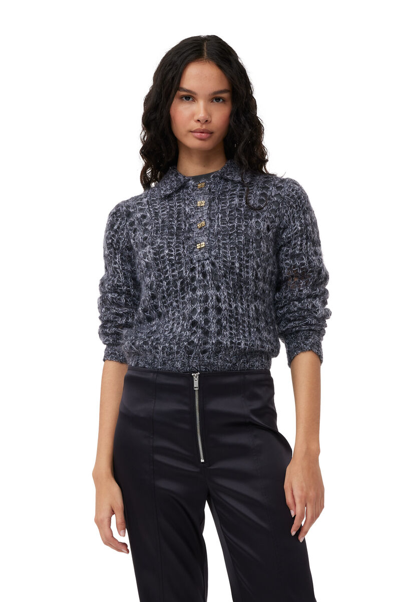 Black Grey Mohair Lace Polo Pullover | GANNI DE