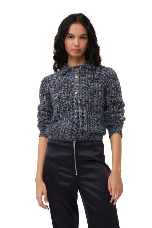 Ganni Grey Mohair Lace Polo Sweater In Gray | ModeSens 