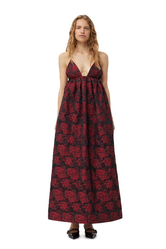 GANNI Botanical Jacquard Long Strap Dress,High Risk Red