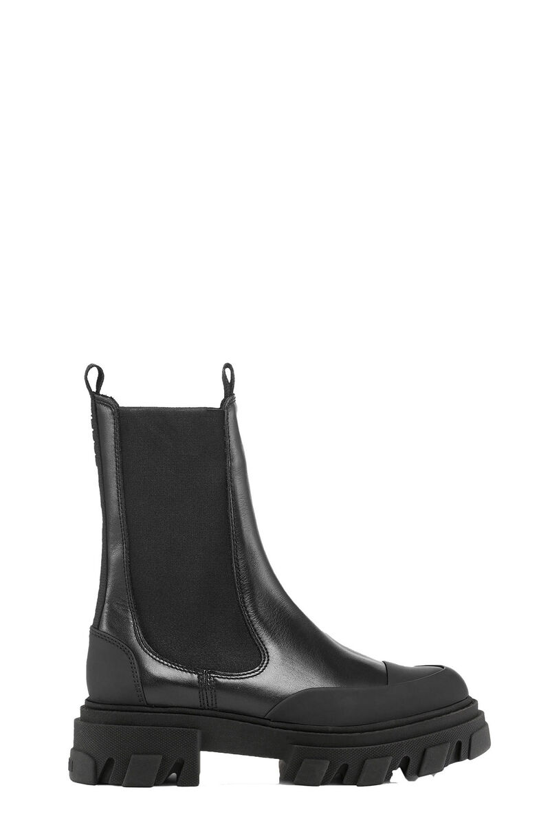 Black Cleated Mid Chelsea Boots, Calf Leather, in colour Black - 1 - GANNI