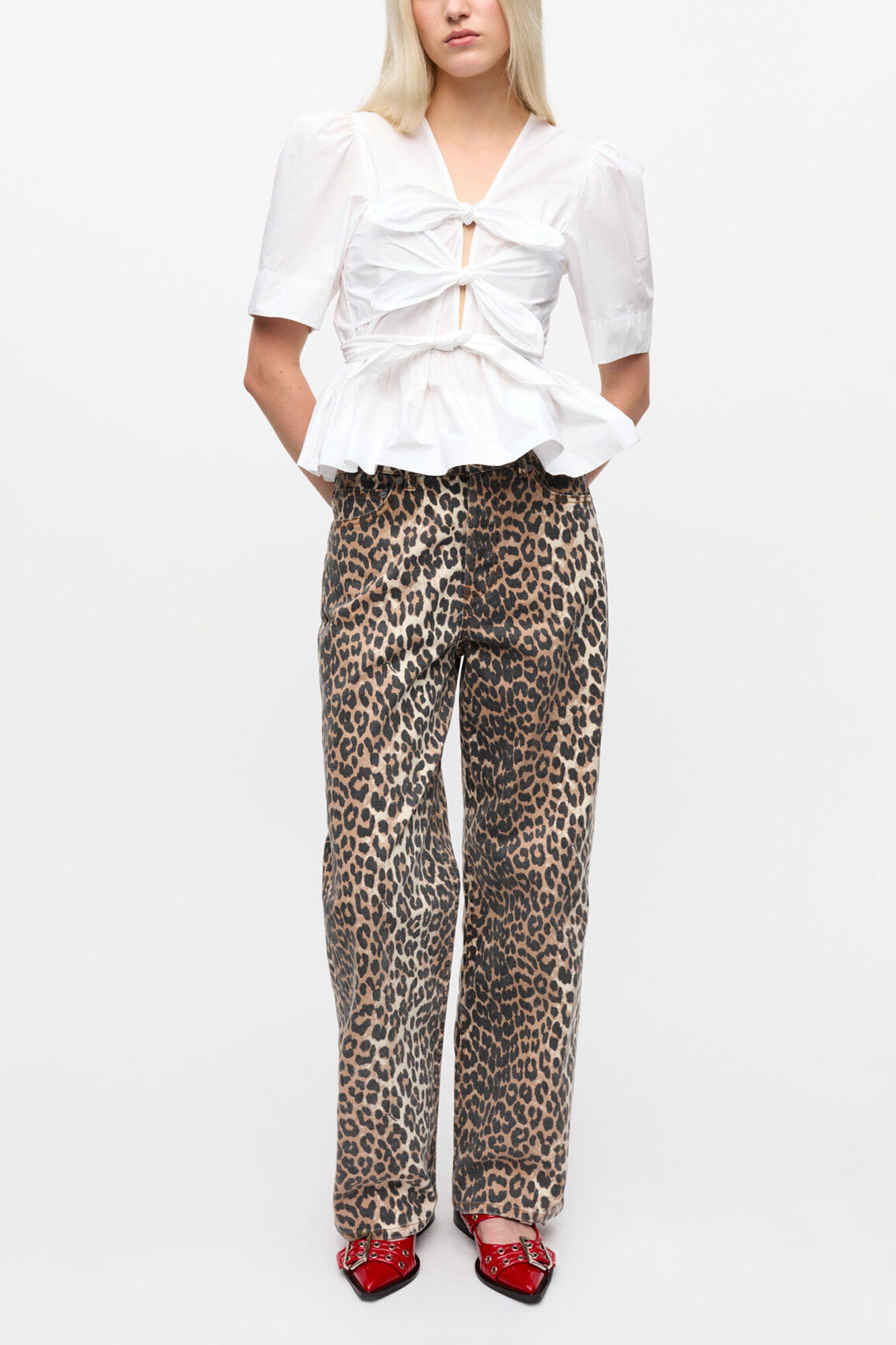 White Washed Stretch Cotton Tie Strap Blouse, Organic Cotton, in colour Bright White - 2 - GANNI