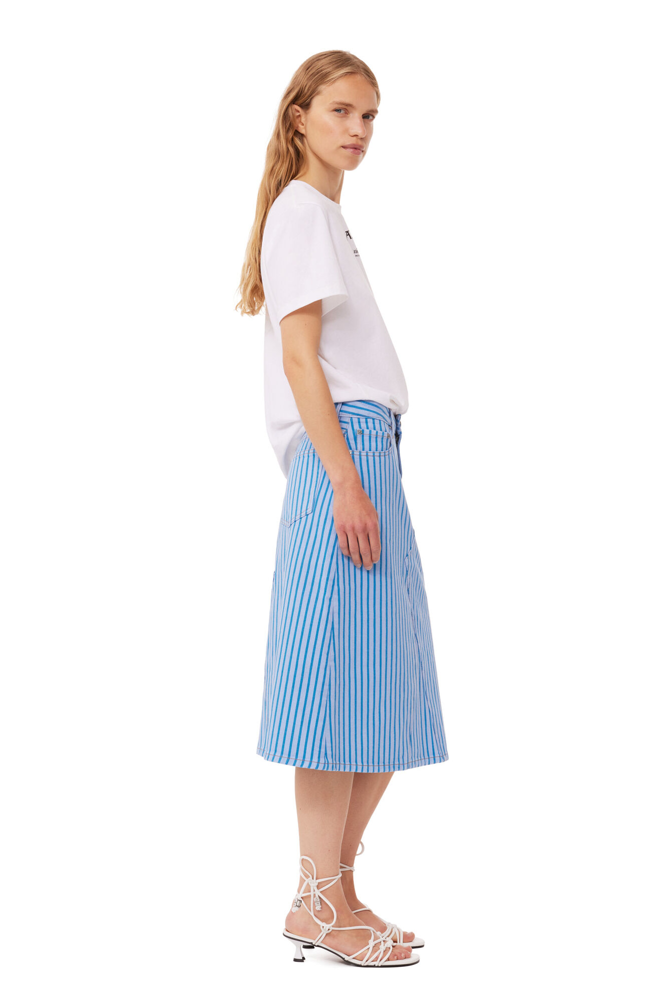 Re-cut Striped Denim Midi Skirt, Cotton, in colour Silver Lake Blue - 3 - GANNI