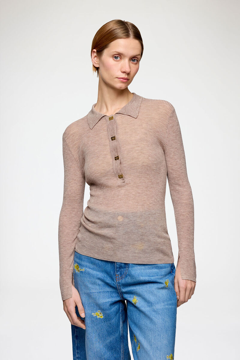 Polo Shirt in Sheer Wool, Wool, in colour Safari - 2 - GANNI