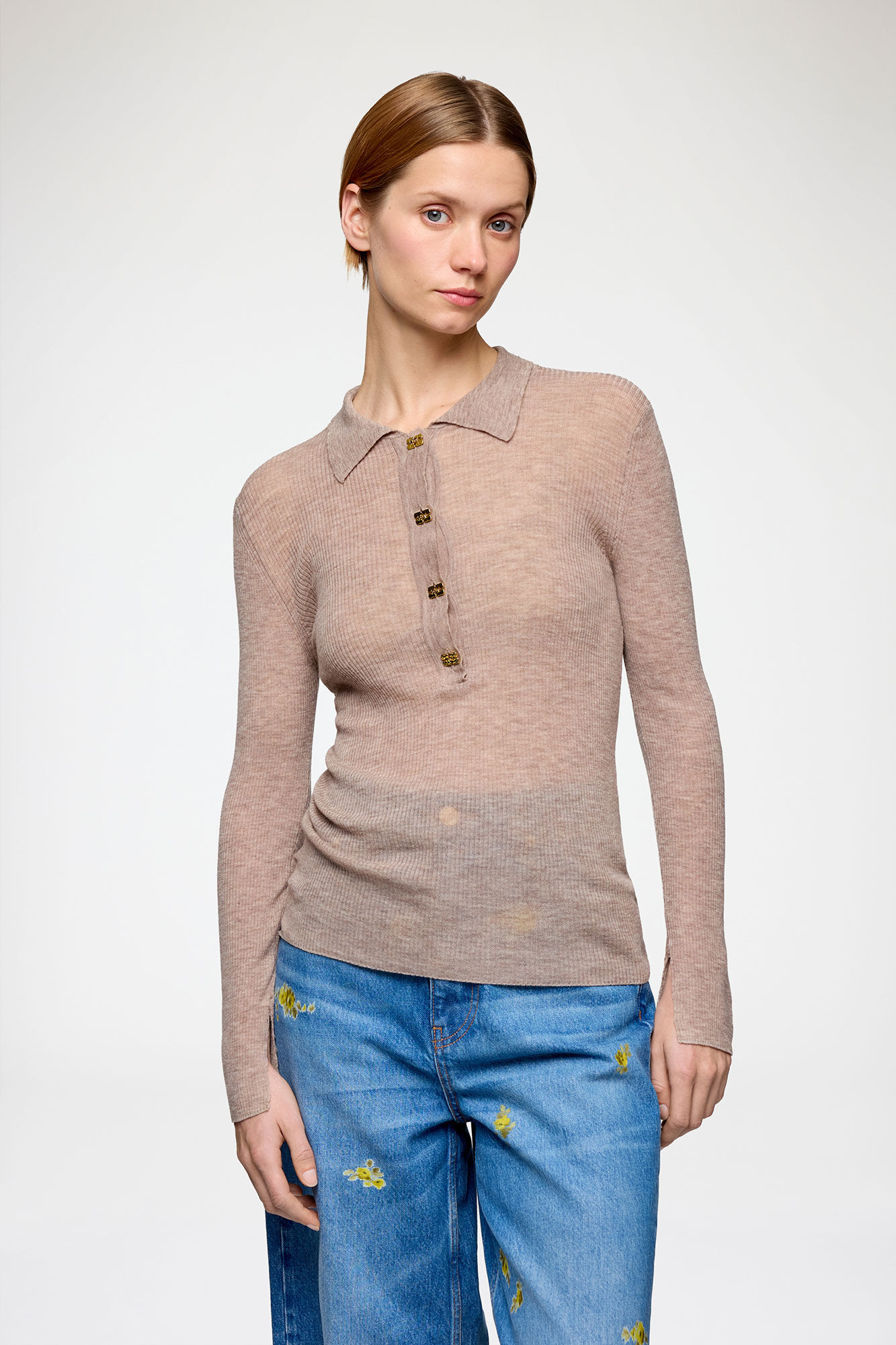 Polo Shirt in Sheer Wool, Wool, in colour Safari - 2 - GANNI