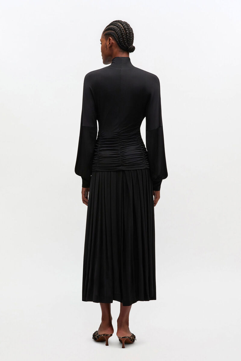 Long Dress in Black Ruched, Viscose, in colour Black - 2 - GANNI