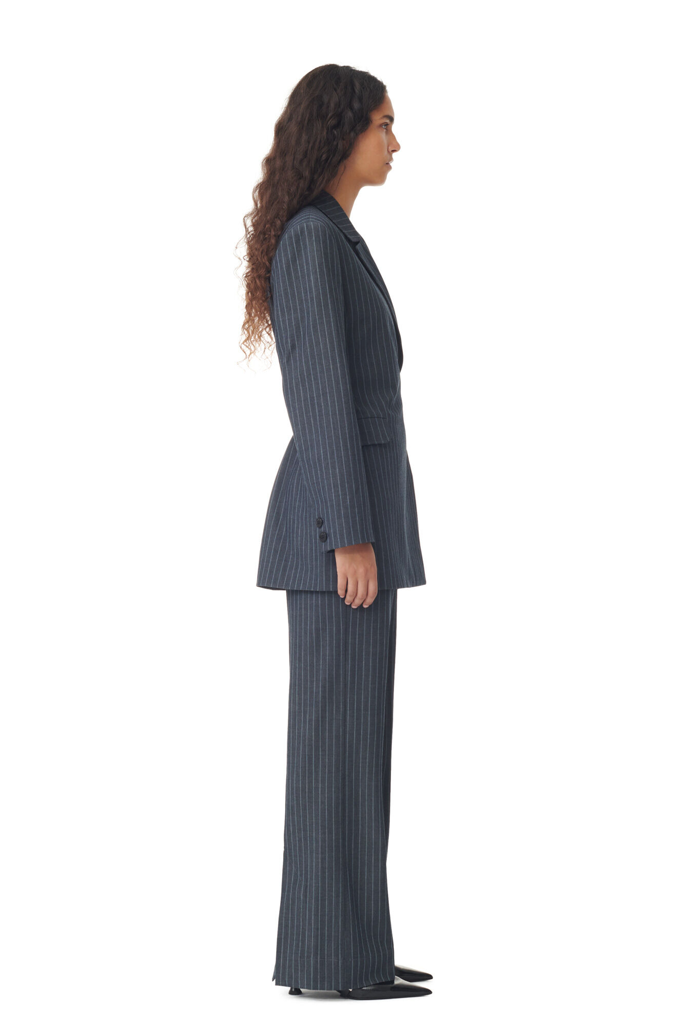 Stretch Striped Belt Blazer, Elastane, in colour Gray Pinstripe - 3 - GANNI
