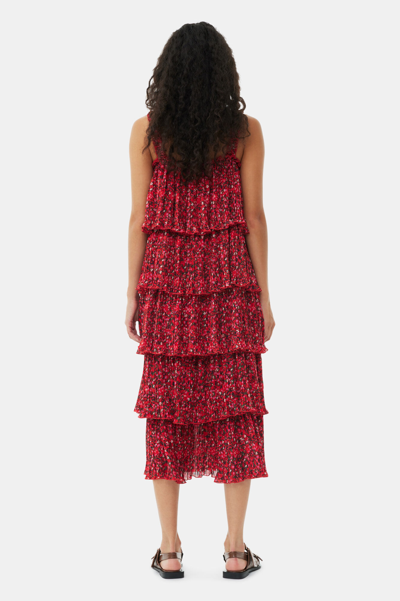Red Pleated Georgette Flounce Strap Midi Dress, Recycled Polyester, in colour Racing Red - 4 - GANNI
